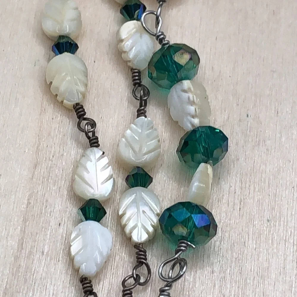 Artisan handcrafted handmade carved mother of pearl leafy bracelet, boho.